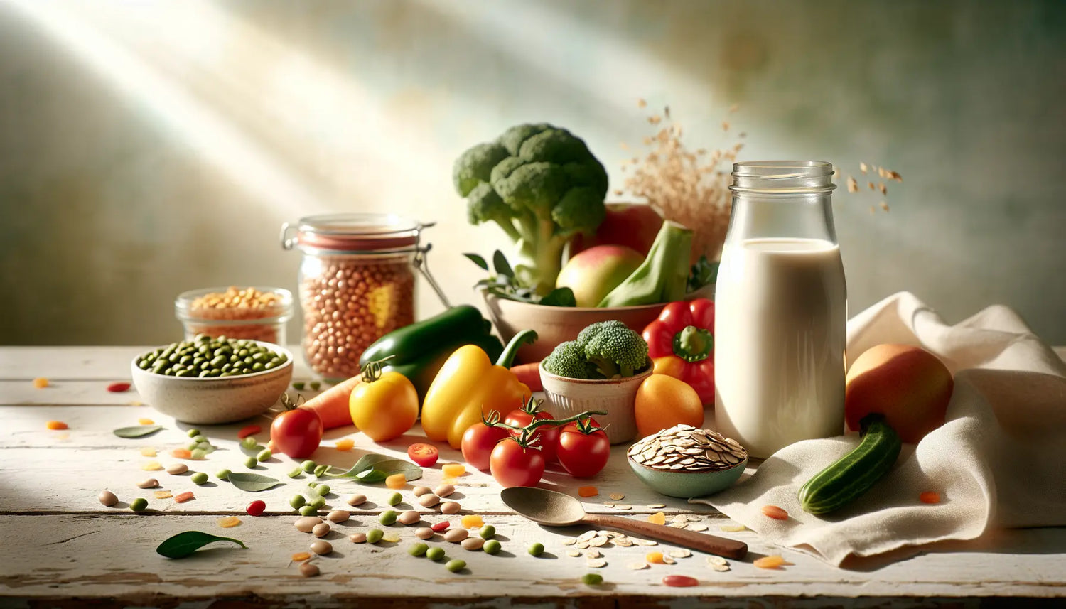 bunte auswahl frisches gemuese obst mit huelsenfruechten und fettarmen milchprodukten auf hellem holztisch in sanfter tageslichtszenerie