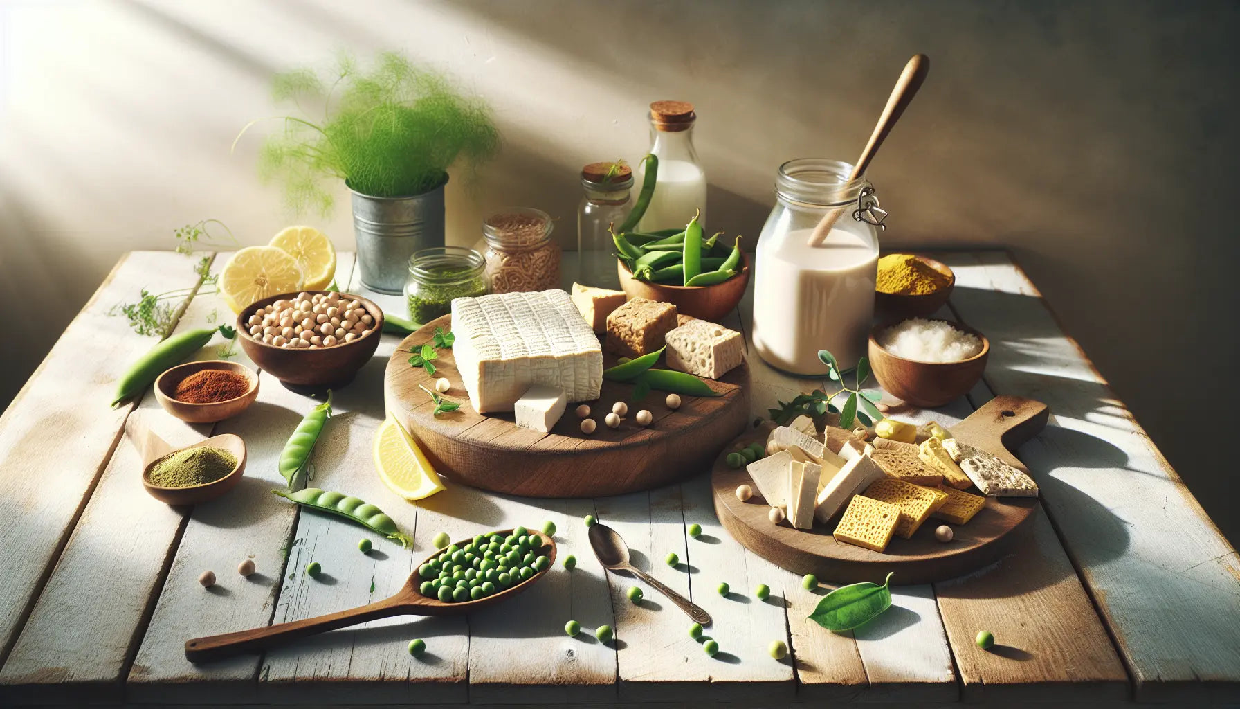 Auswahl frische pflanzliche proteinquellen tofu tempeh jackfrucht erbsen lupinen auf holztisch umgeben von kraeutern gewuerzen