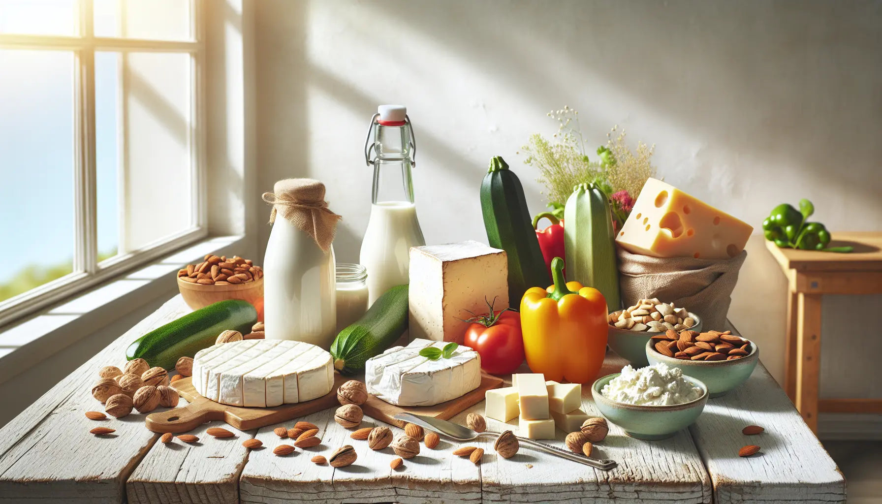 kohlenhydratarme lebensmittel tofu käse buntes gemüse nüsse mandelmilch auf hellem holztisch natürlich hell