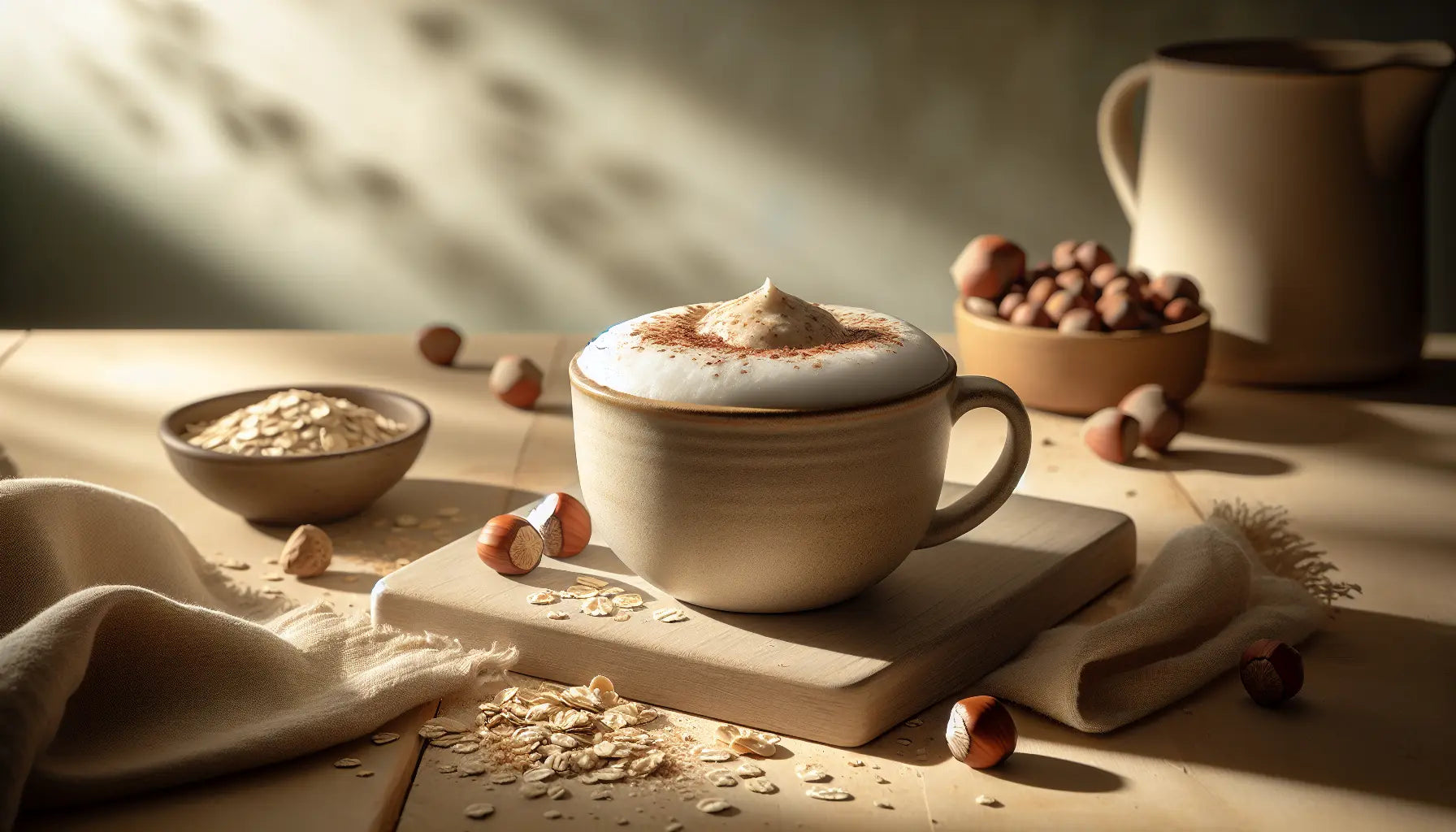cappuccino mit cremigem haselnussmilchschaum auf hellem holztisch mit herbstlicher deko und haferflocken