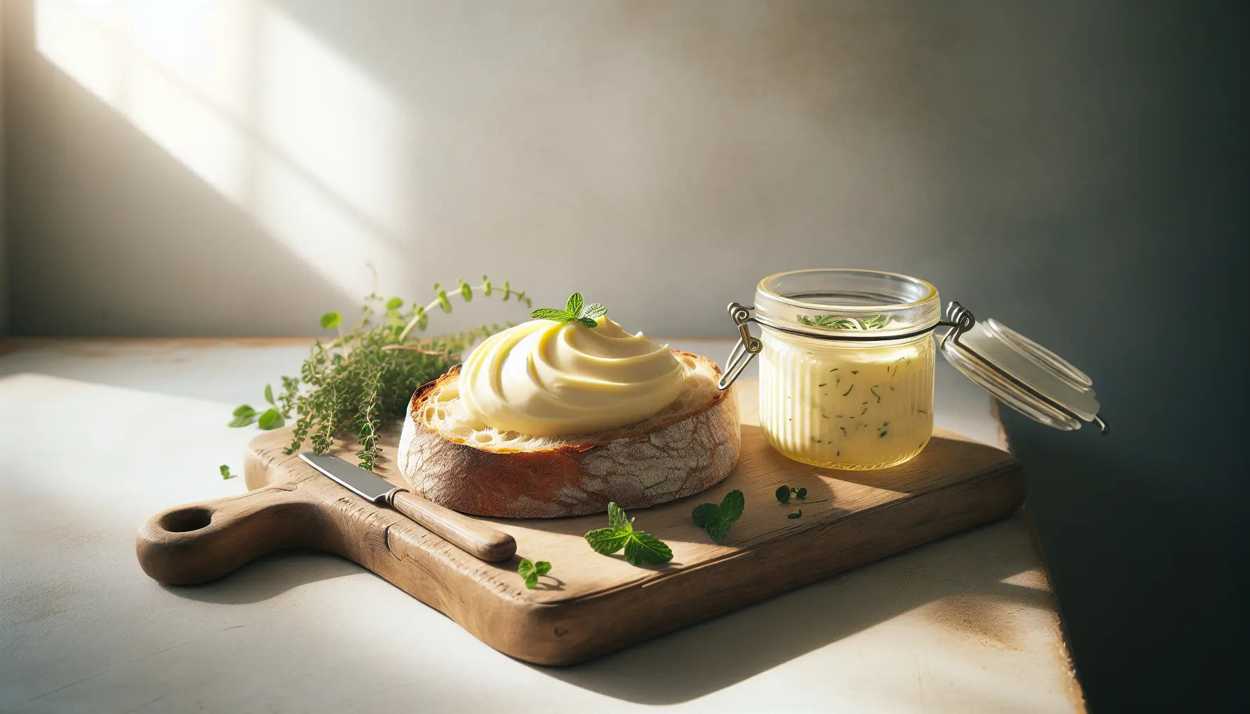 vegane butter cremig auf rustikalem brot mit frischen kraeutern und marmeladenglas auf hellem holztisch bei natuerlichem licht
