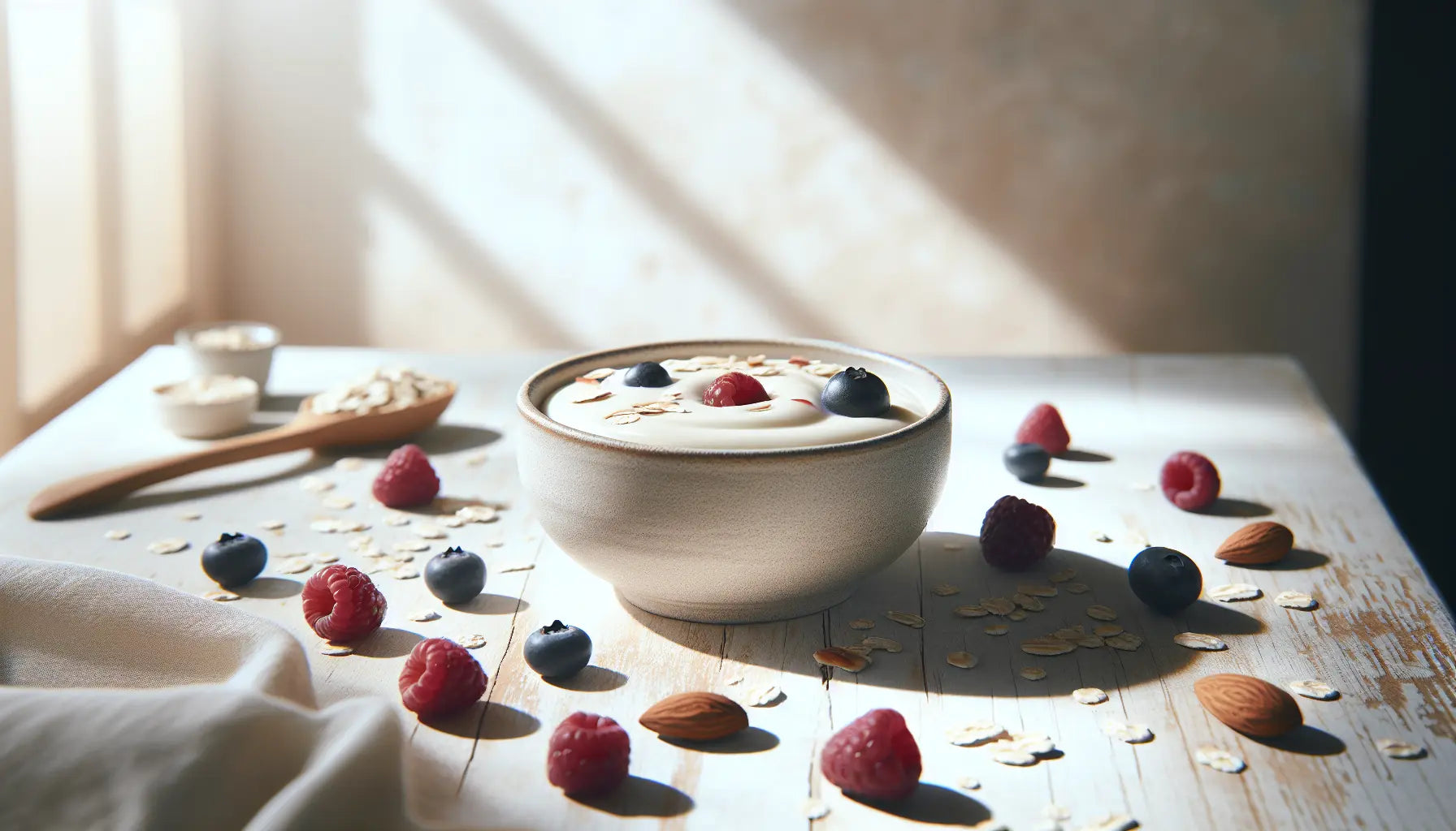 Schale mit Sojaquark umgeben von frischen Beeren und Nüssen auf hellem Holztisch bei freundlichem Tageslicht
