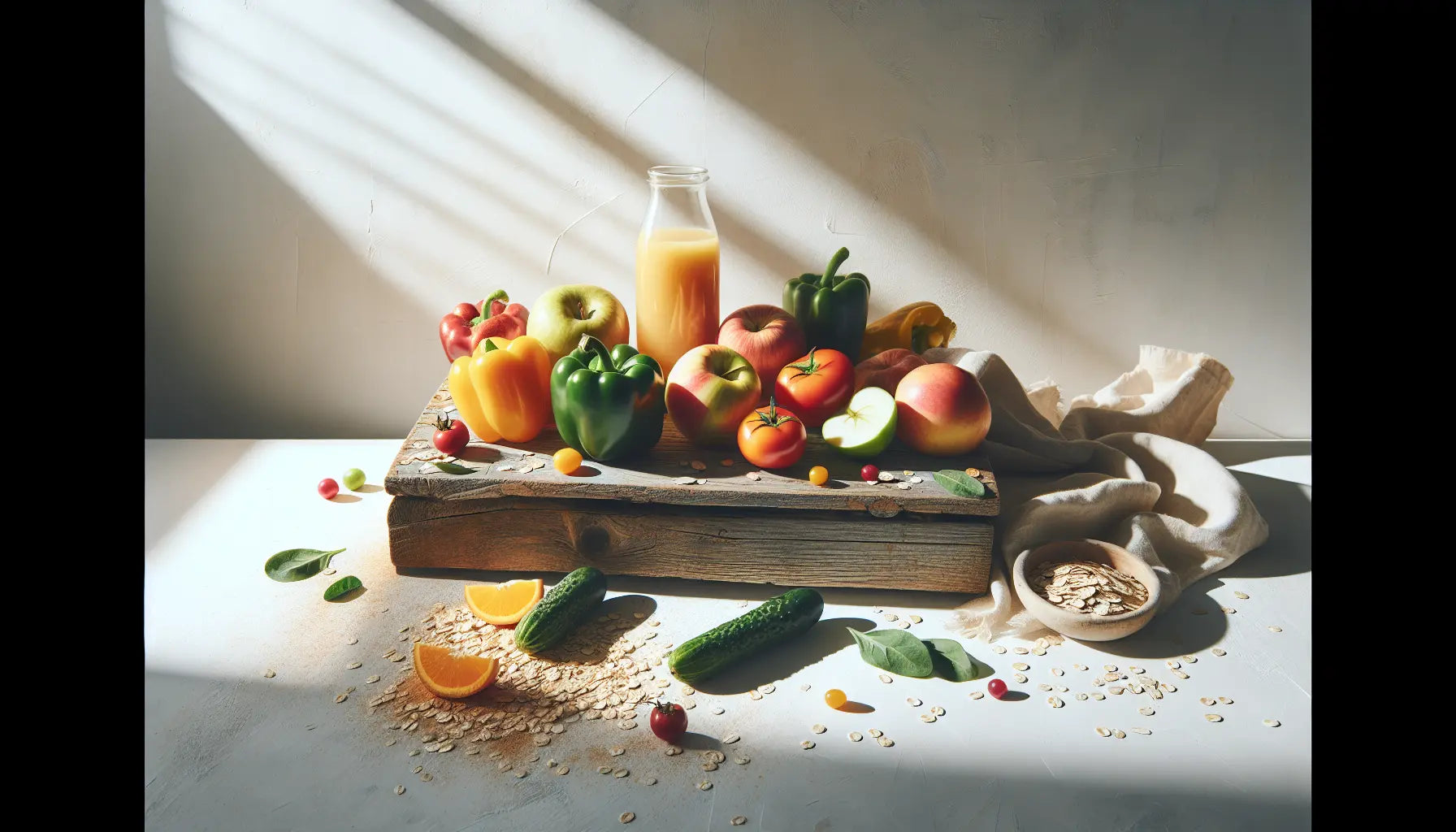 marktstand display mit frischem gemuese obst auf hellem holzbrett ohne menschen helle freundliche stimmung natuerliche texturen