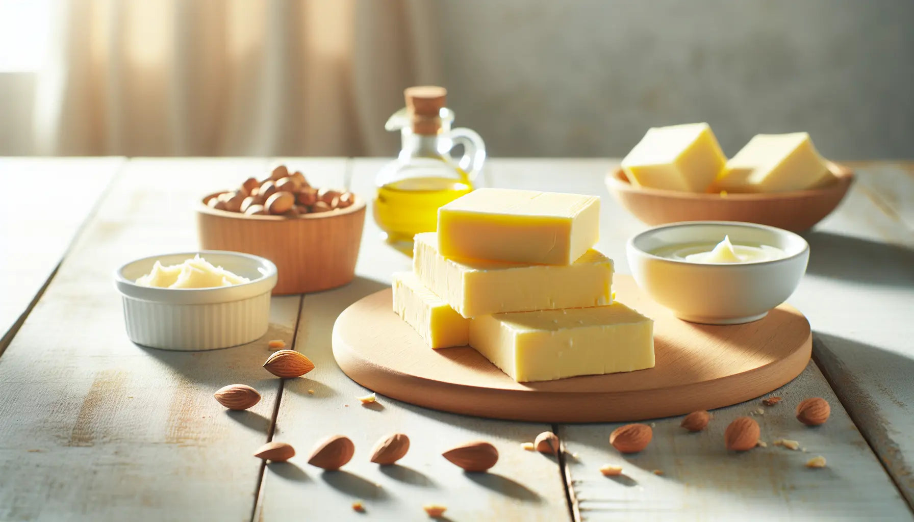 mehrere scheiben vegane butter auf rustikalem holztisch mit schale kokosöl und sheabutter nuessen bei hellem tageslicht