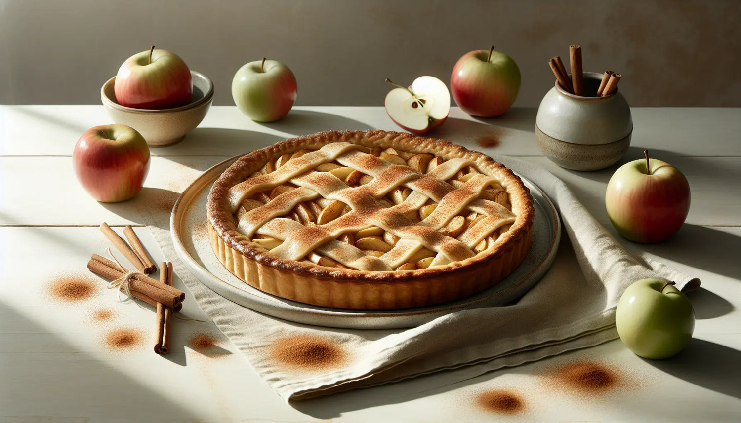 Frischer Apfelkuchen auf hellem Holztisch mit roten gruene Aepfeln Zimtstangen und lockeren Krueckeln umgeben vegane Zutaten