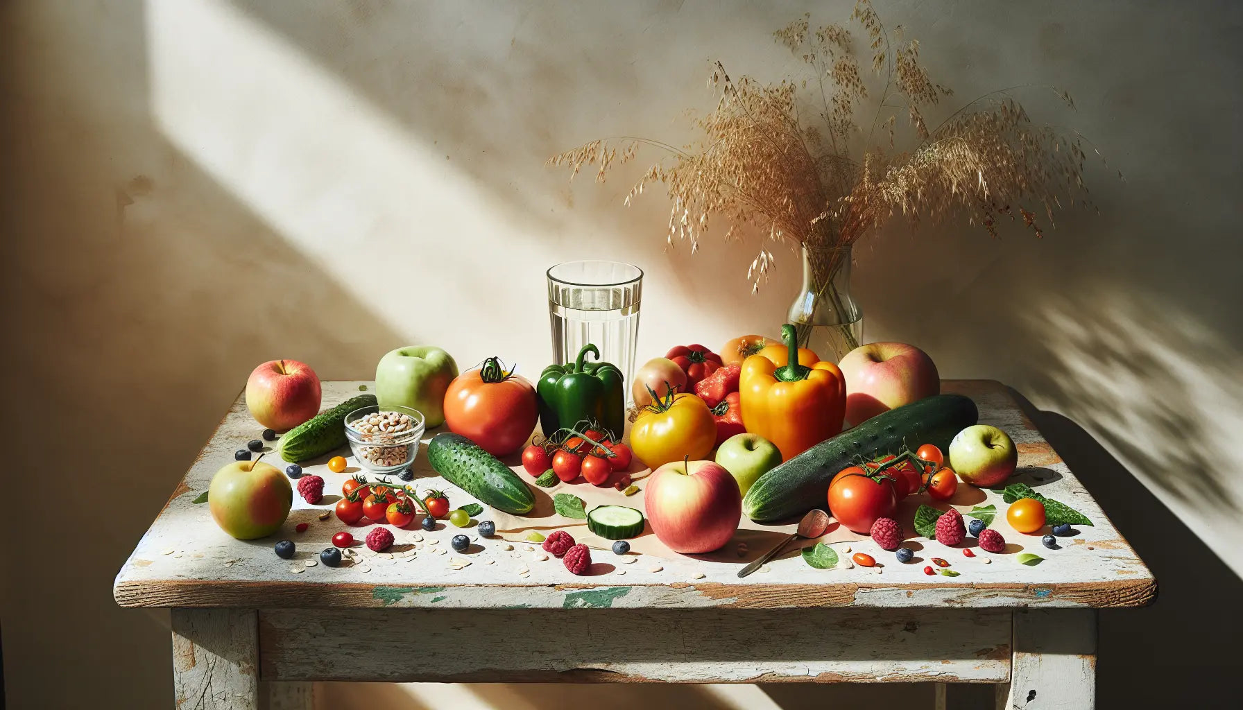natuerliche frische gemuese und fruechte auf hellem rustikalem holztisch sonniger hintergrund ohne personen