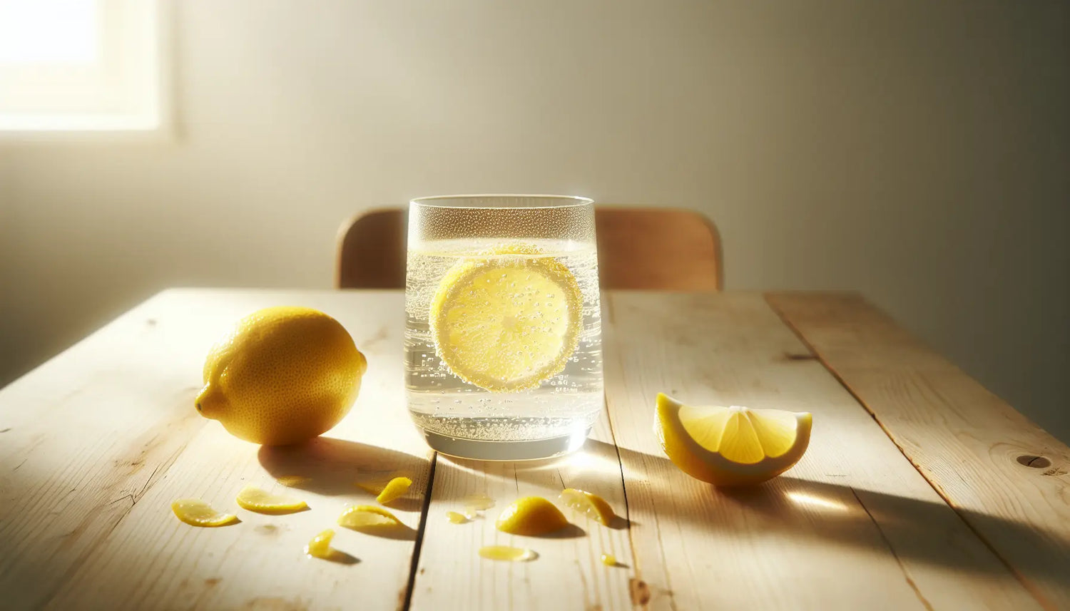 glasklares glas mit zitronenwasser und halbierter zitrone auf hellem holztisch mit zitronenzesten moegliches gesundes getraenk leber