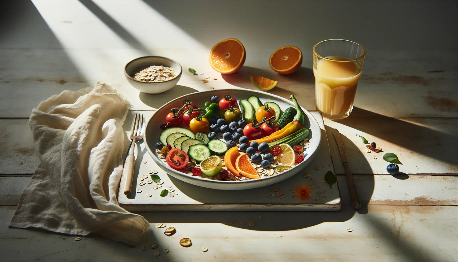 Gefuellter teller mit buntem gemuese obst und pflanzlichen zutaten auf heller holzoberflaeche mit glas orangensaft