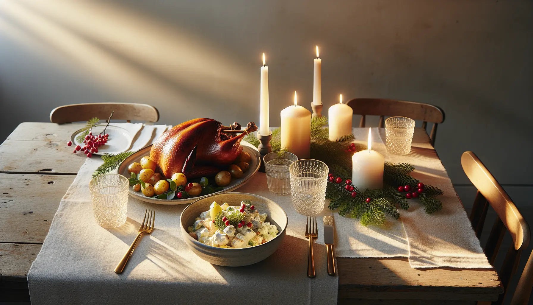 weihnachtstisch mit gebratener gans kartoffelsalat kerzenlicht tannenzweigen und festlicher deko auf hellem holztisch sonnenlicht