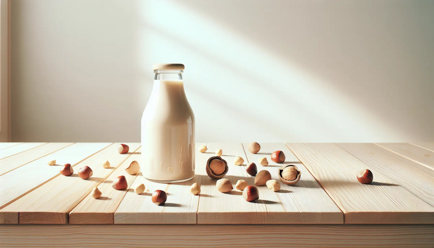 glas mit haselnussmilch auf birkenholztisch umgeben von haselnüssen heller heller hintergrund mit lichtreflexen naturmorgenszene