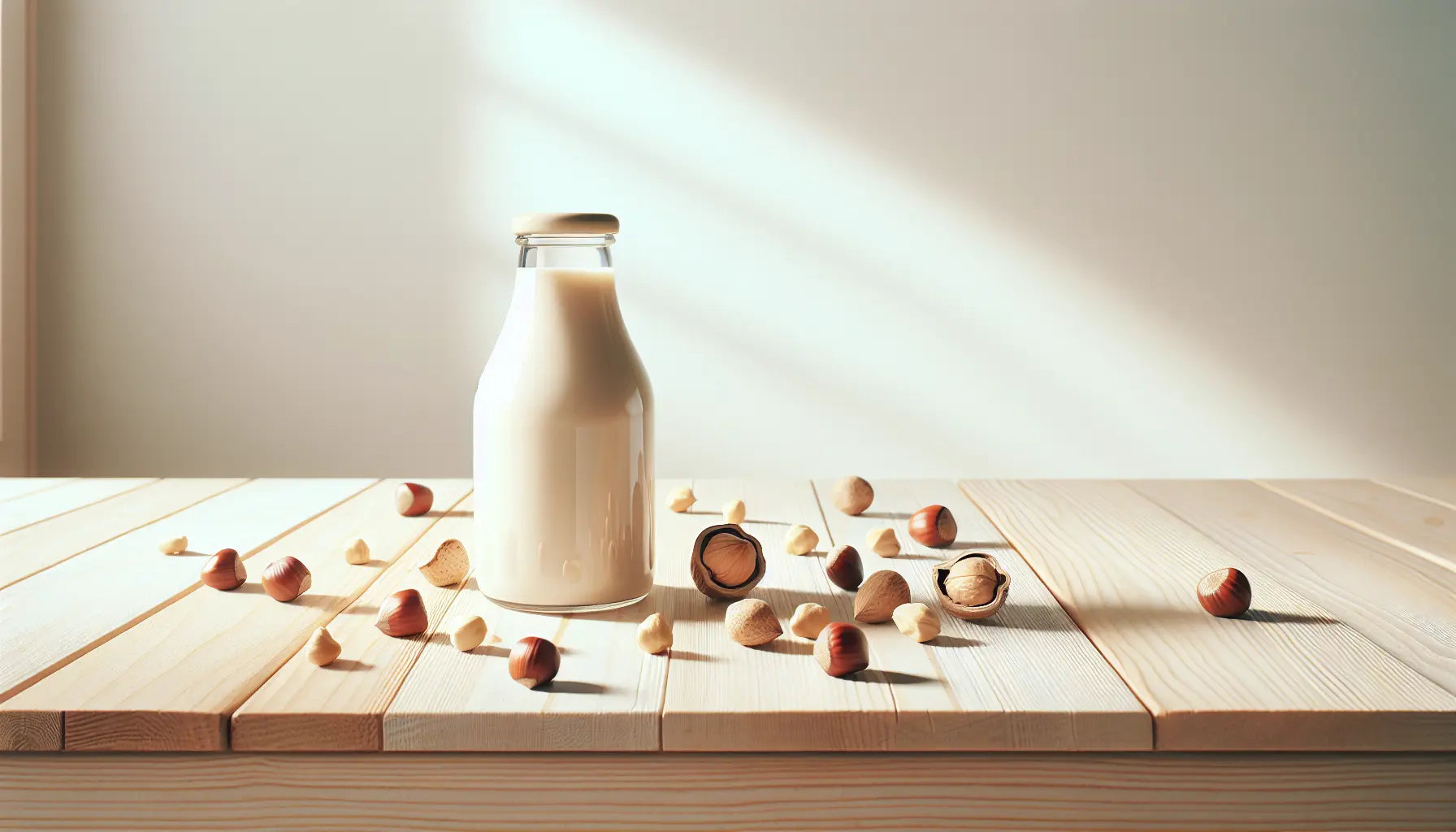 glas mit haselnussmilch auf birkenholztisch umgeben von haselnüssen heller heller hintergrund mit lichtreflexen naturmorgenszene