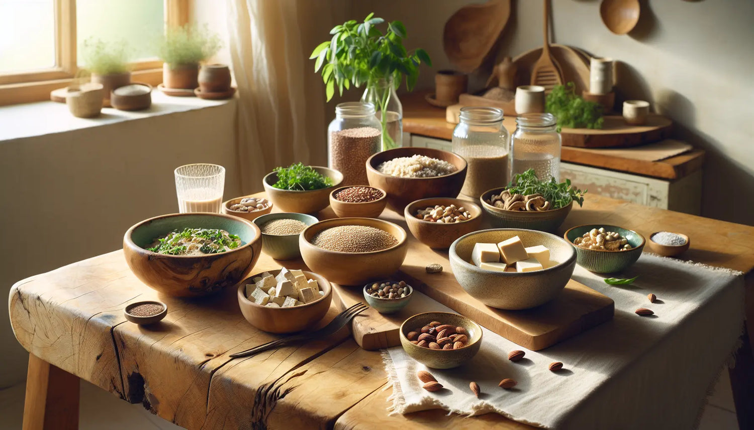 vegetarischer tisch mit tofu quinoa nuessen samen und frischen kraeutern in heller kuenche mit natuerlichem licht