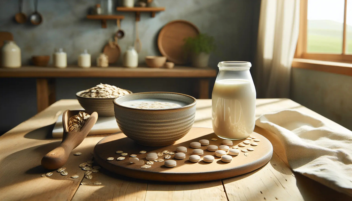Hafermilch in Keramikschale umgeben von Haferflocken und Vitamin B12 Tabletten auf hellem Holz in naturbelassener kuche mit sonnenlicht