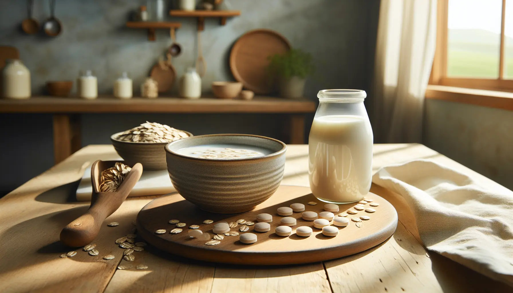 Hafermilch in Keramikschale umgeben von Haferflocken und Vitamin B12 Tabletten auf hellem Holz in naturbelassener kuche mit sonnenlicht