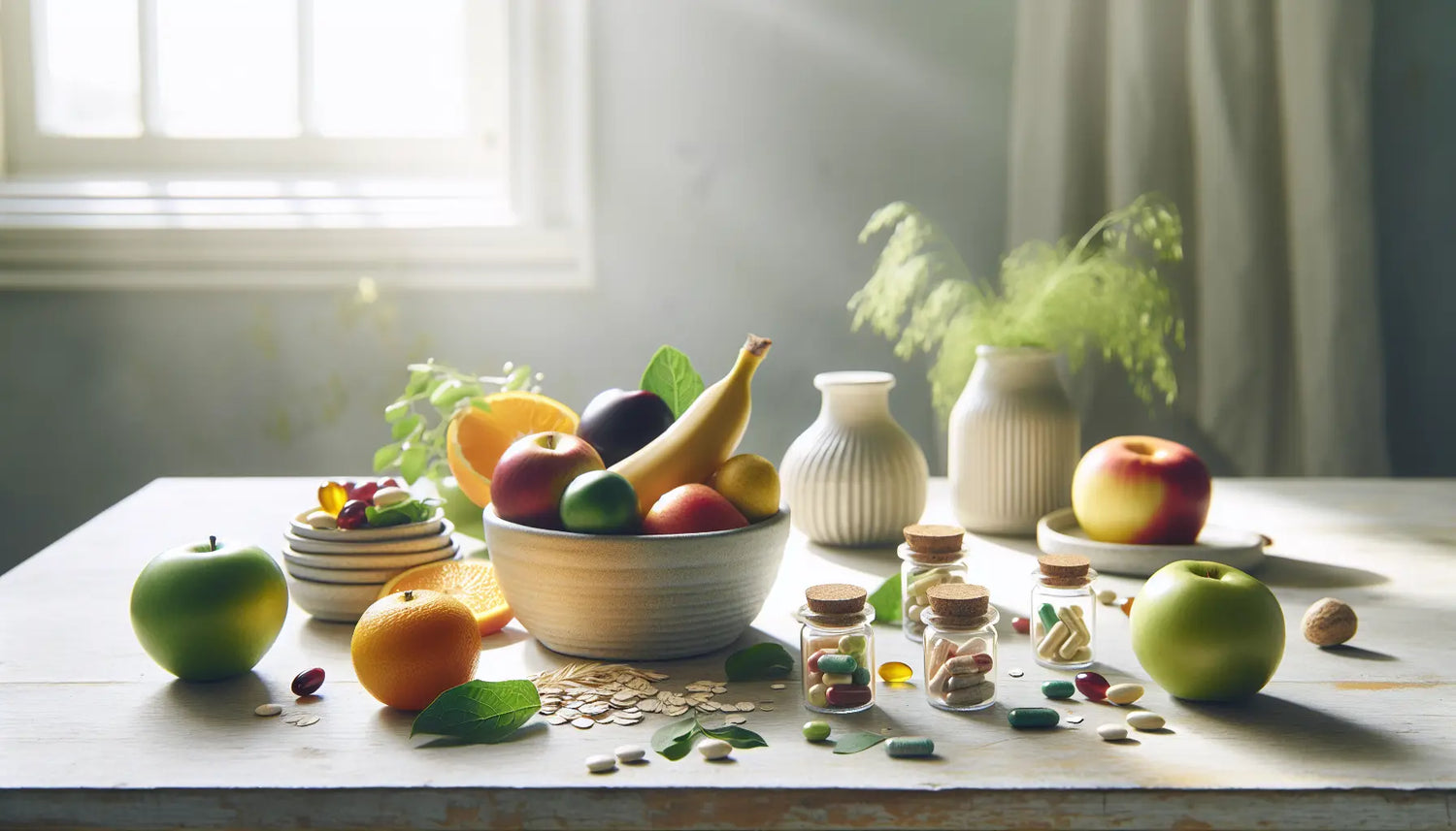 pflanzliche lebensmittel vitamin b12 praepparate holztisch natuerkliche farben frisches obst kraeuter haferflocken
