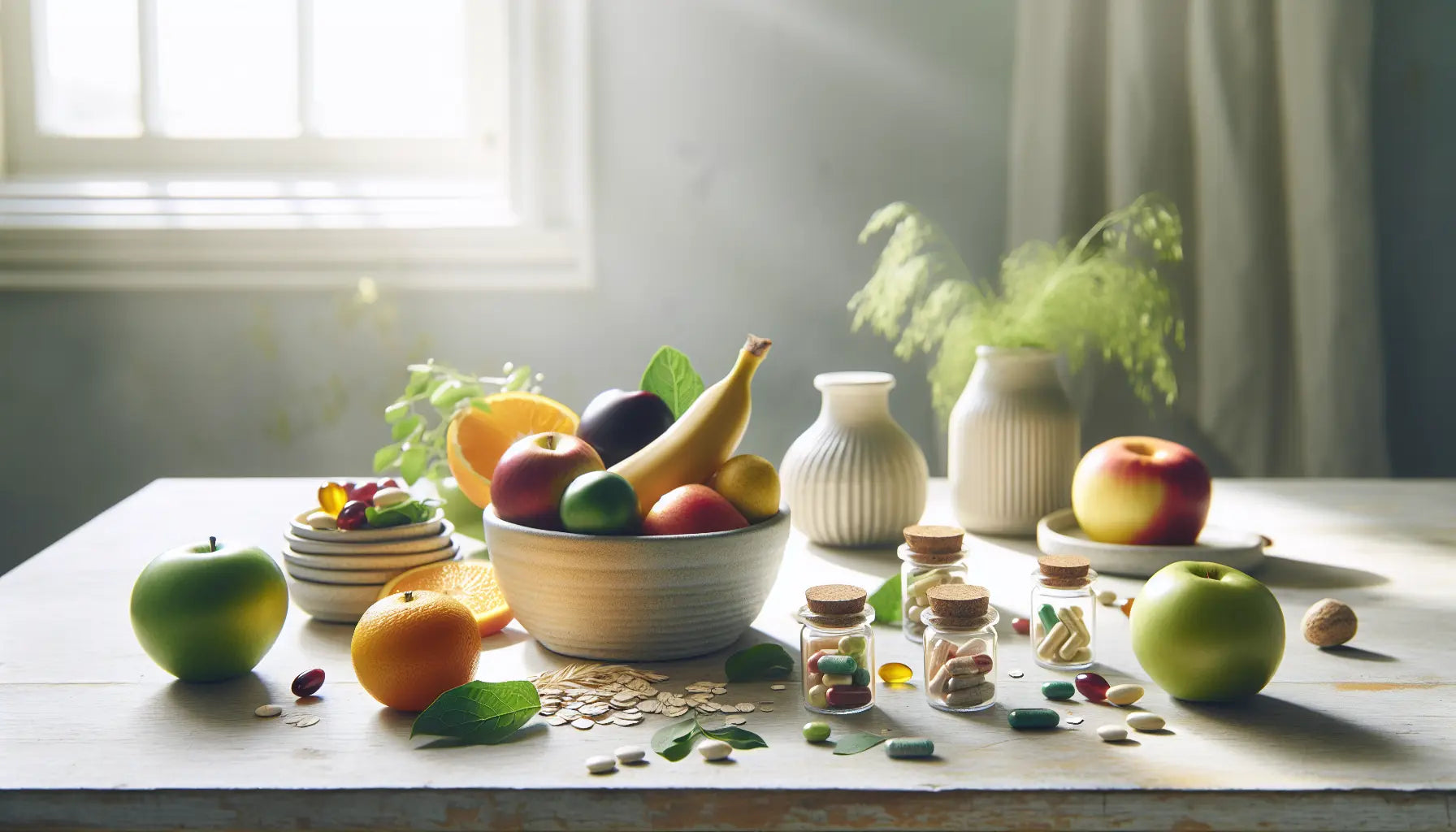 pflanzliche lebensmittel vitamin b12 praepparate holztisch natuerkliche farben frisches obst kraeuter haferflocken