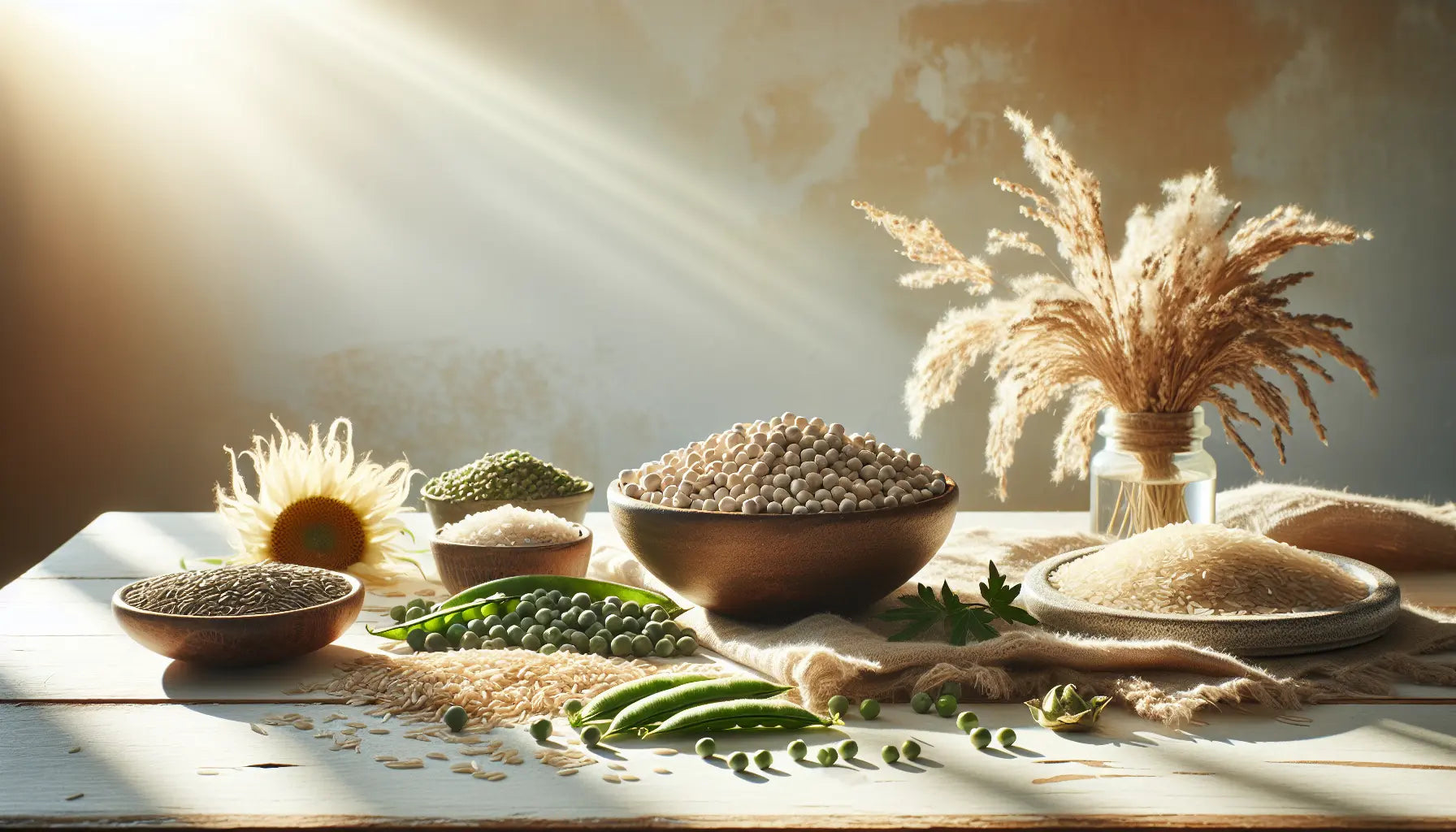Collage aus pflanzenproteinen erbsen reis hanf sonnenblumen auf heller holzoberflaeche mit natürlichem hintergrund
