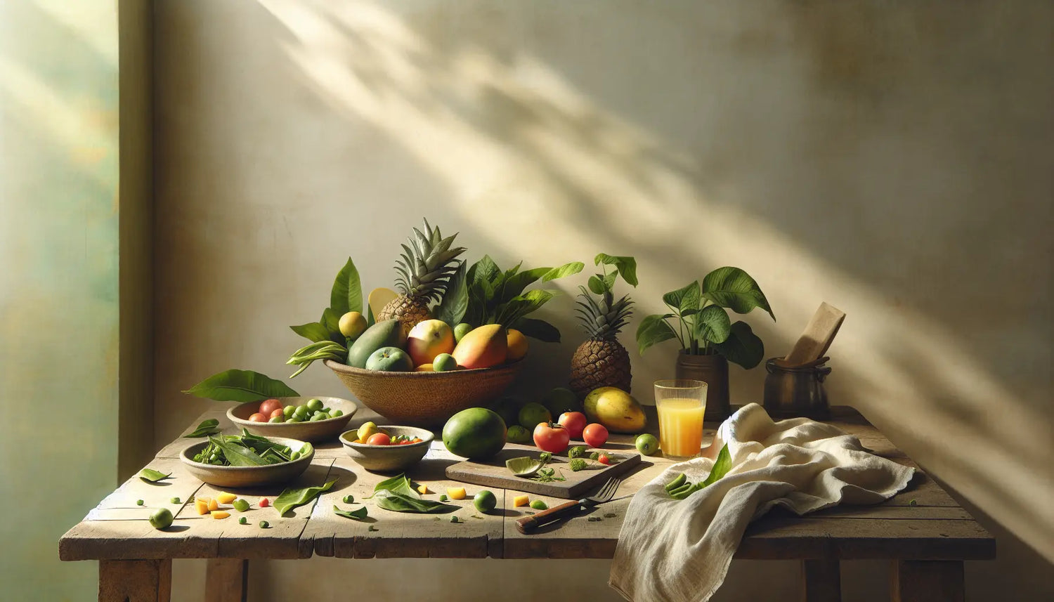 indischer vegetarischer markt frisches obst gemuese keramikkorb mango ananas tomaten offene stoffserviette milchglas saft