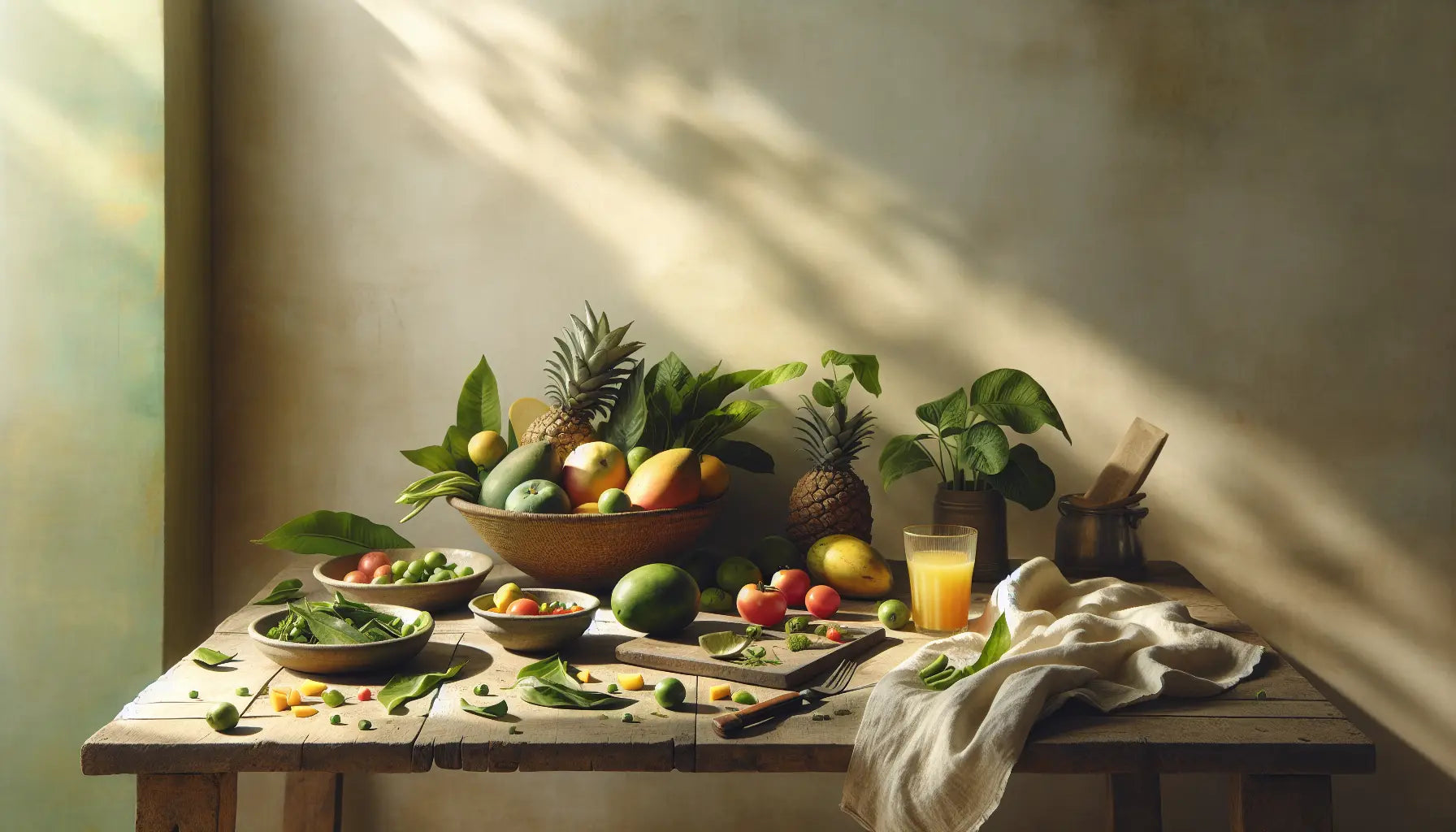 indischer vegetarischer markt frisches obst gemuese keramikkorb mango ananas tomaten offene stoffserviette milchglas saft