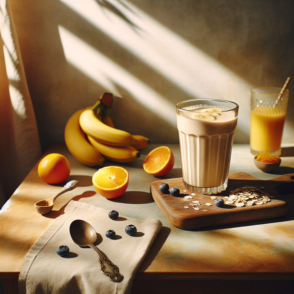 Bunte und einladende Darstellung eines veganen Proteinshakes mit frischen Früchten, die einen gesunden pflanzlichen Lebensstil repräsentieren.