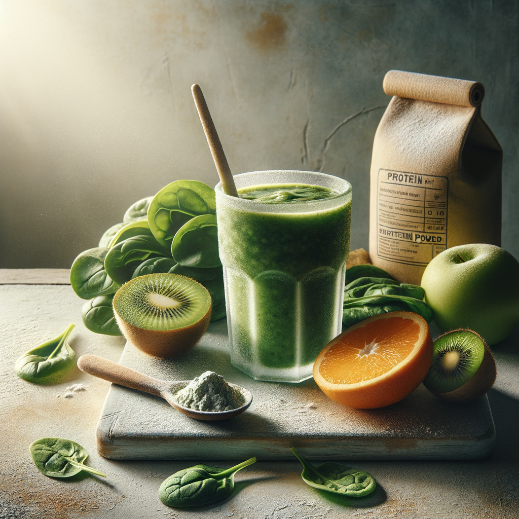 Frischer Smoothie nach dem Workout umgeben von natürlichen Zutaten wie Spinat, Kiwi und Proteinpulver auf einer rustikalen Küchentheke. Sonnige Morgenstimmung.