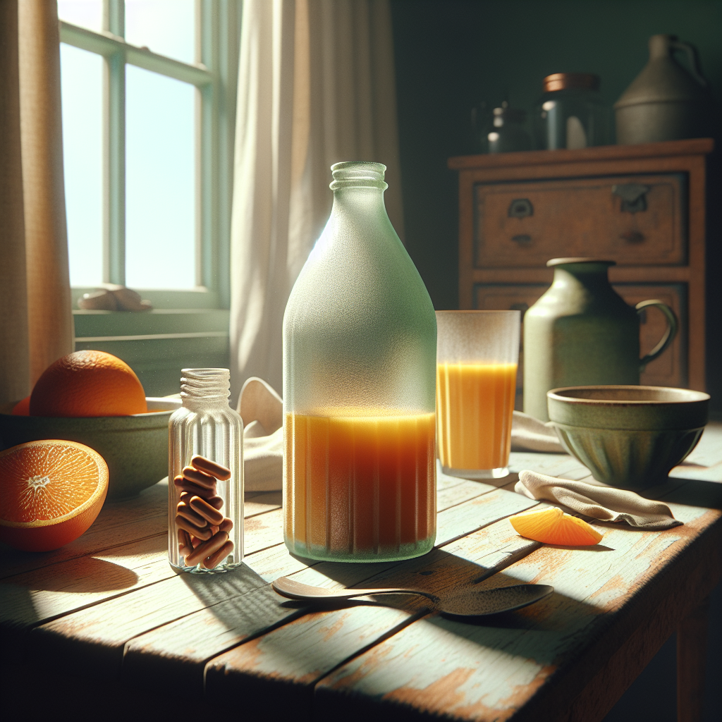 Helle Küchenszene mit Eisenpräparat und Orangensaft auf Holzplatte, Sonnenlicht strömt ein.