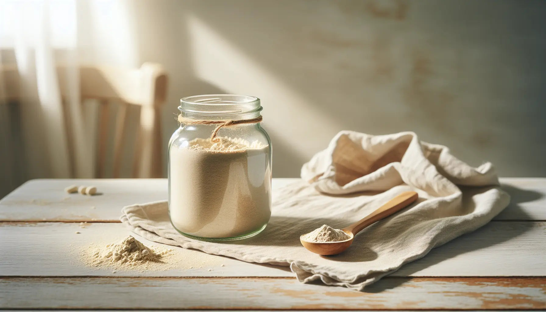 Erbsenprotein Pulver im Henkerglas auf heller Holzoberflaeche mit Leinenserviette Holzloeffel minimalistische helle Kuche Licht