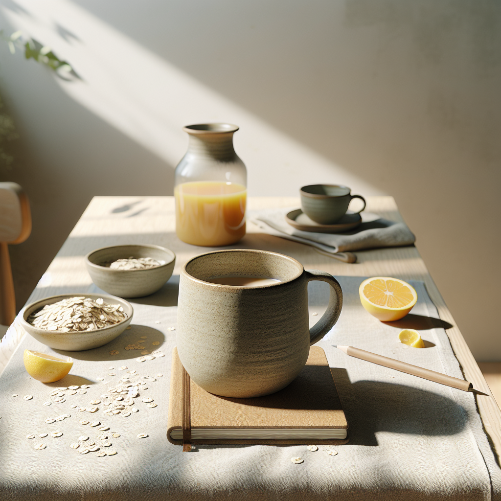 Minimalistischer Frühstückstisch mit veganem Haferflocken-Frühstück, handgemachter Keramiktasse mit pflanzlicher Milch und einem offenen Notizbuch vor hellem Hintergrund, symbolisiert vegane Ernährung für Muskelaufbau.