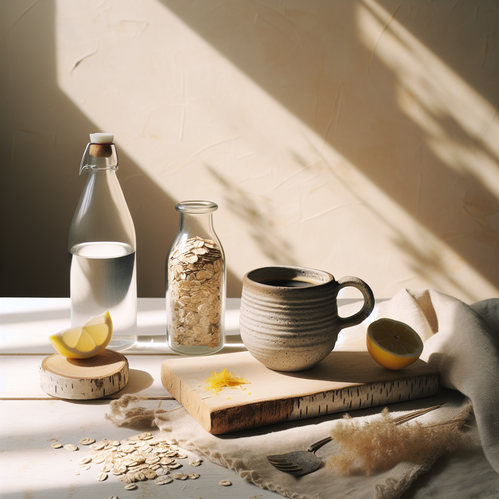 Minimalistischer Frühstückstisch mit handgefertigtem Keramikbecher und Glasflasche, auf hellem Birkenholz, sonniger Hintergrund, natürliche Details wie Zitronenzesten und Haferflocken