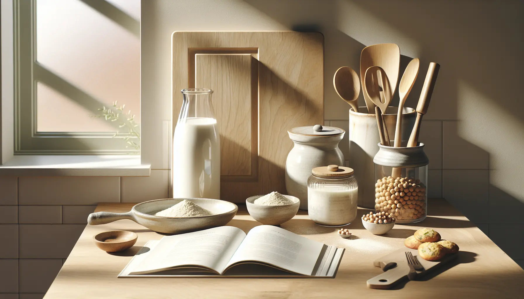 moderne kueche mit holzarbeitsplatte kichererbsenmehl glas milch veganes kochbuch backzutaten in ruhiger sonnenlicht szene
