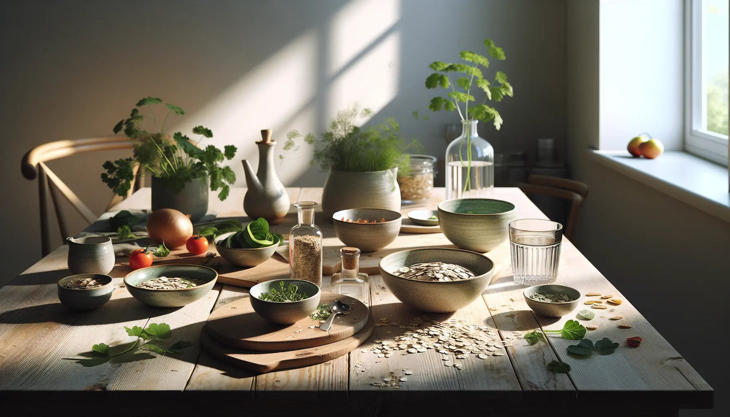 moderner kuchentisch mit keramikschalen veganen zutaten kraeutern glas wasser und teekanne auf heller holzoberflaeche sonnige ruhige tageslichtszene