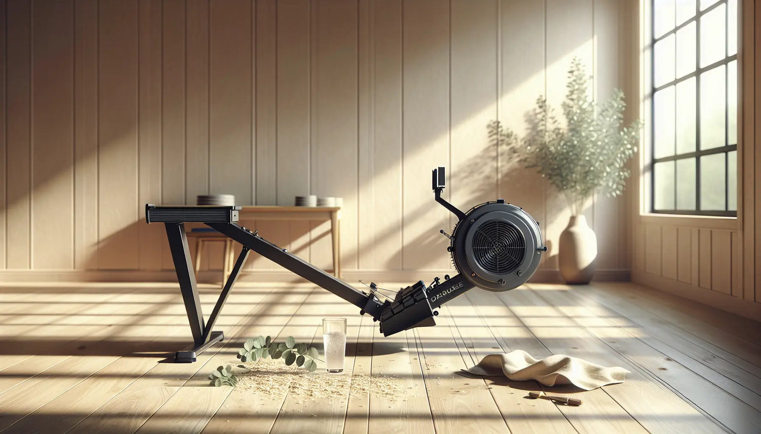 professionelles rudergeraet auf heller holzoberflaeche in naturtoenen in hellem fitnessraum mit tageslicht und sauberer minimaler anordnung