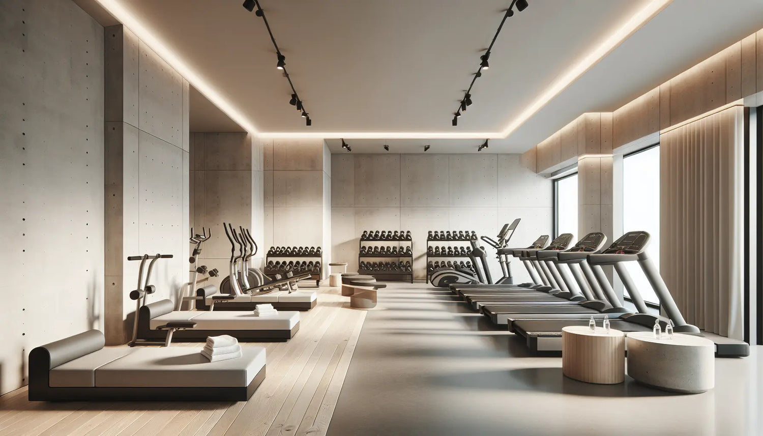 moderner fitnessraum mit verschiedenen geraeten heller holzboden matte natursteinflaechen ruhige helle atmosphaere ohne menschen