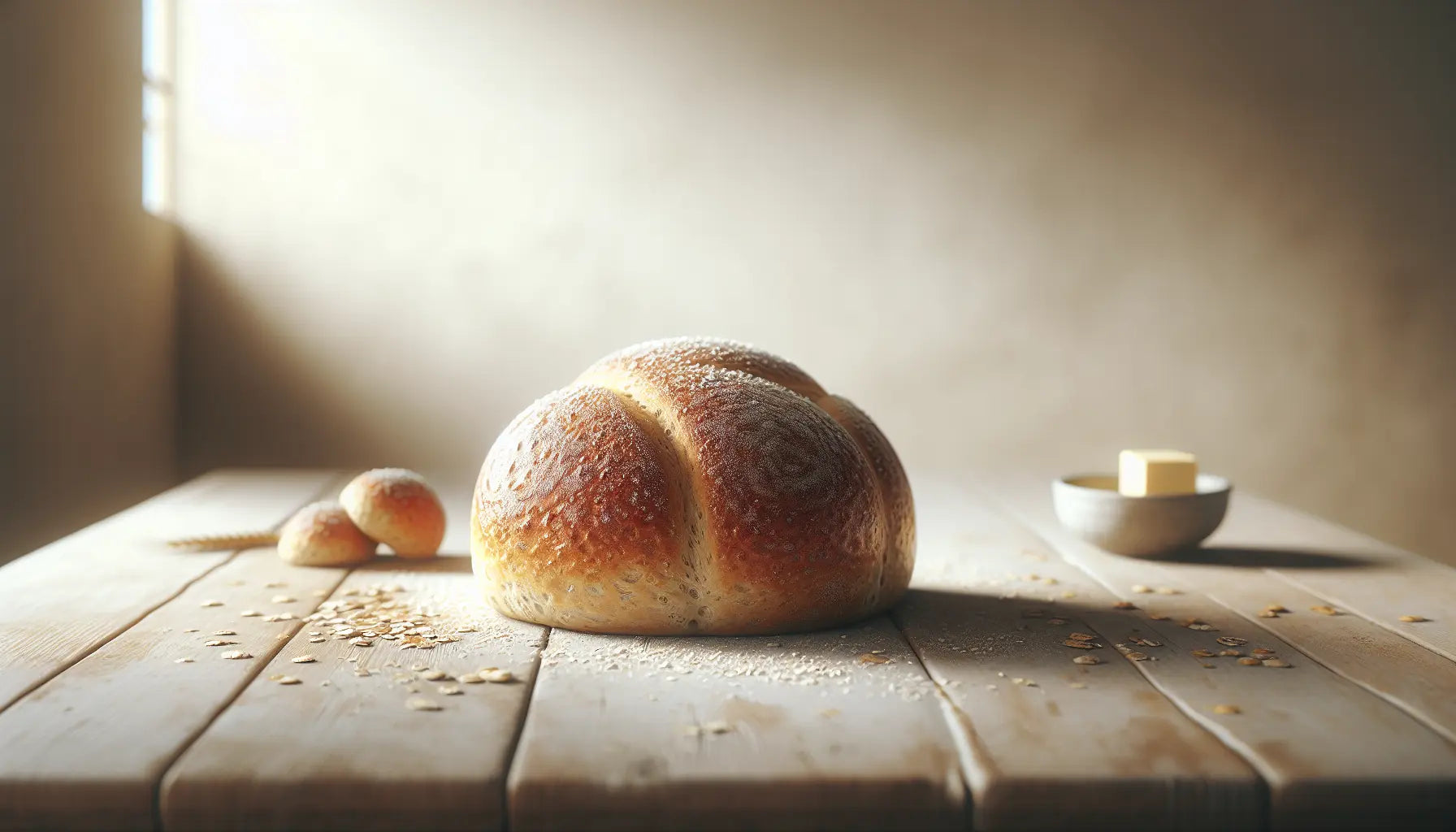 Nahaufnahme frisch gebackener Brotbroetchen auf hellem rustikalem Holztisch Zutaten krümel Haferflocken traditionelle Baeckerei
