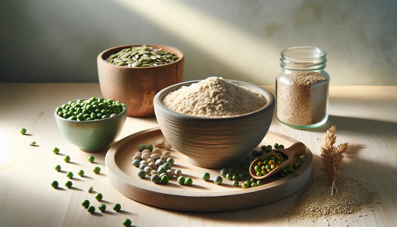 naturliche schuessel mit pflanzlichem proteinpulver aus erbsen reis hanf auf hellem holztisch umgeben von frischen samen erbsen und sonnenblumen