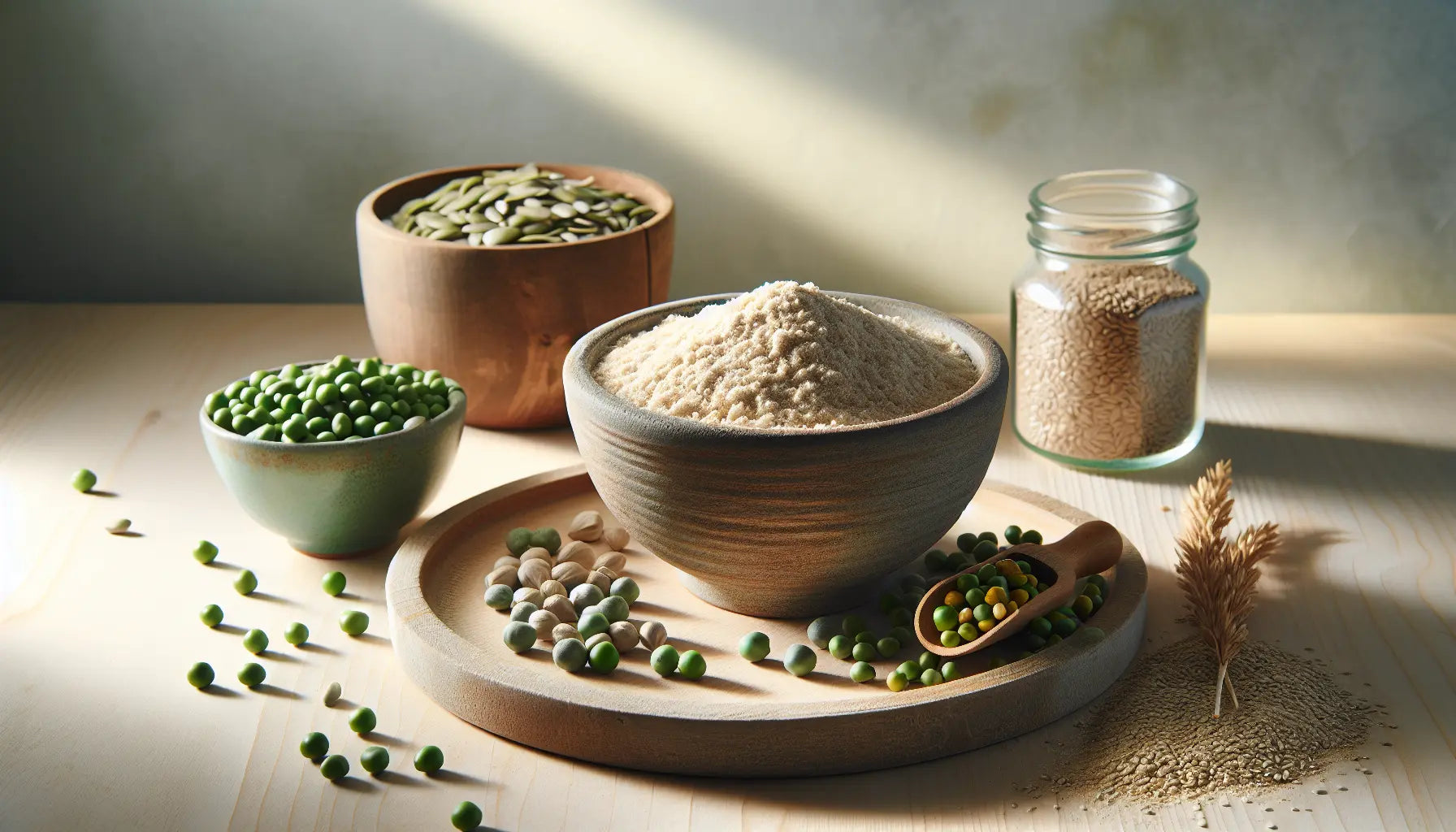 naturliche schuessel mit pflanzlichem proteinpulver aus erbsen reis hanf auf hellem holztisch umgeben von frischen samen erbsen und sonnenblumen