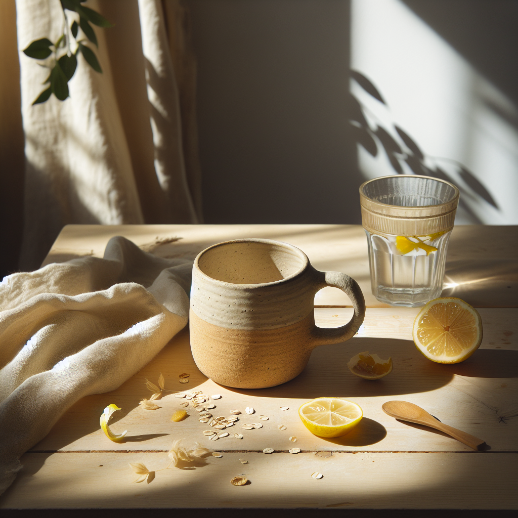 Heller rustikaler Holztisch mit handgemachter Keramiktasse, Zitronenzesten und Glas Wasser im freundlichen Morgenlicht zur Unterstützung der natürlichen Leberentgiftung.