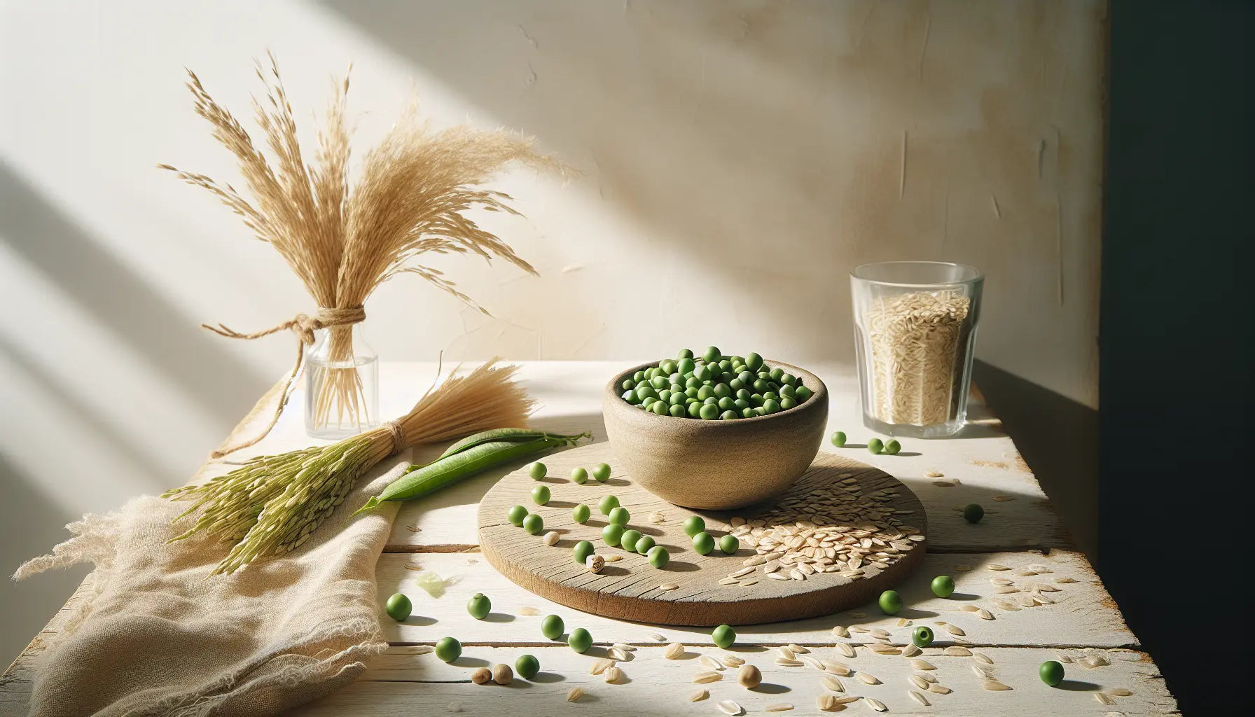steinzeugschale mit erbsen reisstroh und hanfsamen auf heller holzoberflaeche mit wasserglas und haferflocken vegane proteinquelle vegetarisch naturliebe