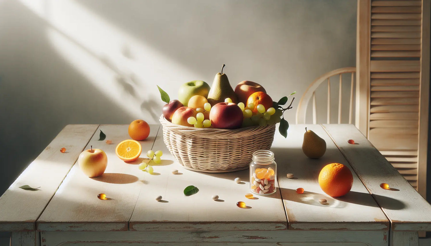 Obstkorb auf hellem Holztisch mit frischen natürlichen Früchten Apfel Birne Orange Traube daneben offenes Glas mit Vitamin B12 Tabletten sonniges Tageslicht