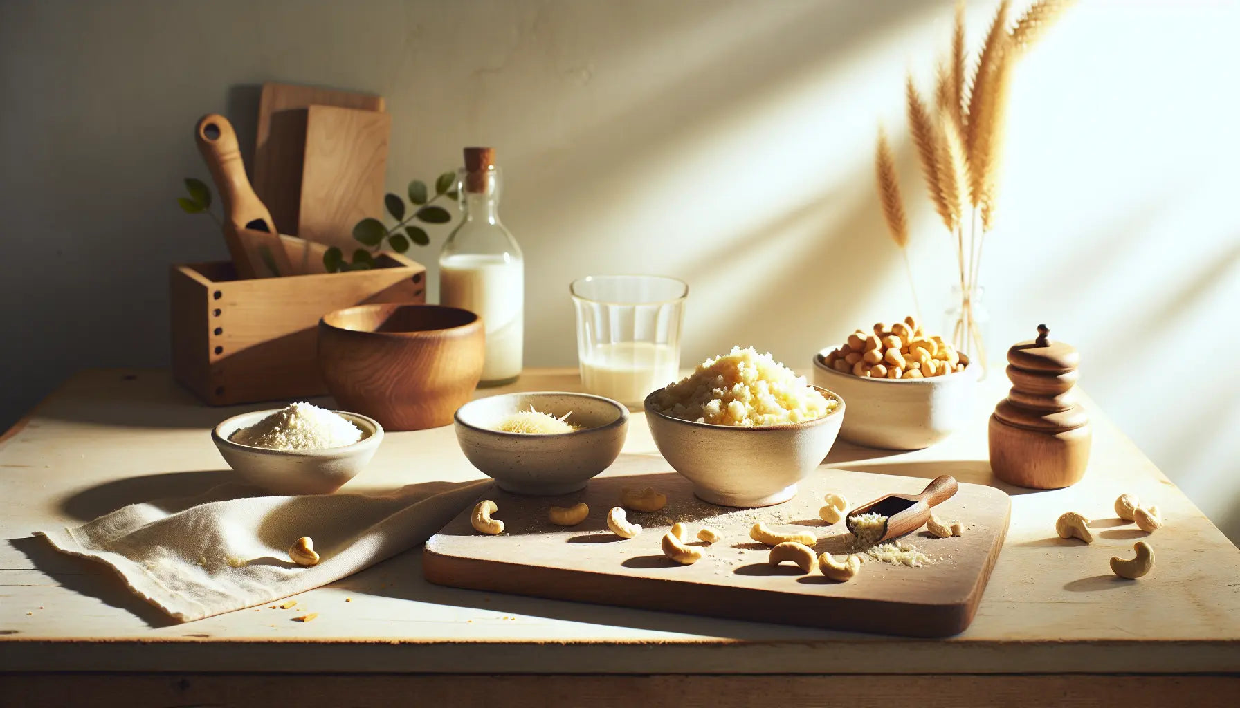 Cashew Parmesan Hefeflocken Pecorino Käse auf hellem Holzarbeitsplatz mit Keramikschalen und natürlicher Krümel Textur ohne Menschen