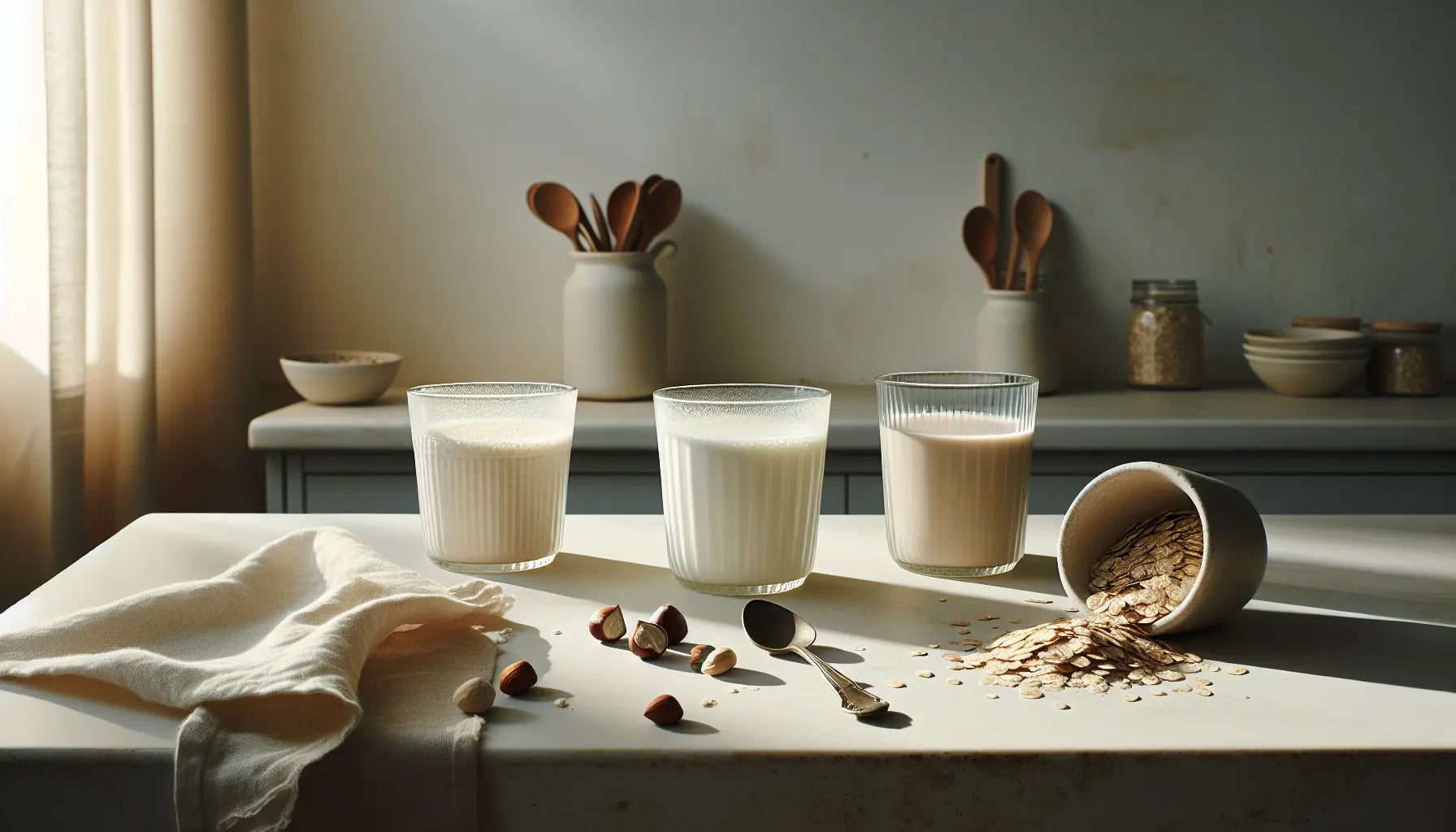 drei gläser mit pflanzendrinks haselnussmilch mandelmilch soja milch auf heller naturstein arbeitsfläche mit leinenserviette und haferflocken