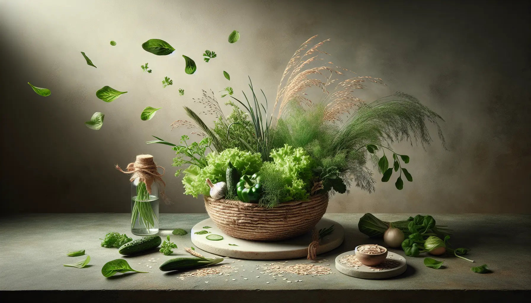 frische gruene pflanzen kraeuter und gemuese auf heller naturelle oberflaeche mit minimalistischem ambiente zu schoepfung und pflanzenernaehrung