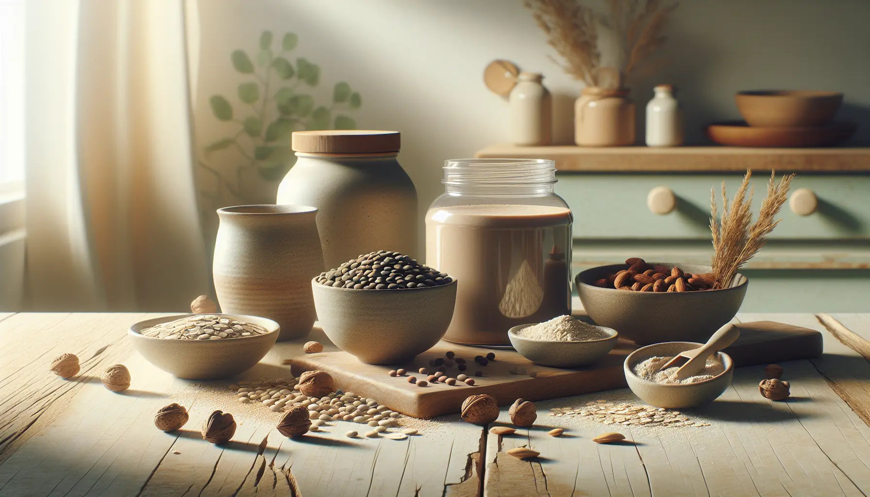 Kueche mit Linsen Nuesse veganem Proteinpulver auf rustikalem Holz helles Tageslicht pflanzliche Proteinquellen minimalistisch arrangiert