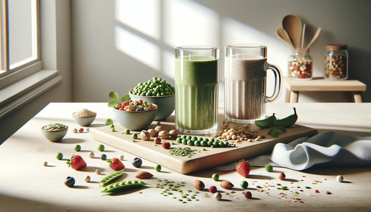 pflanzliche proteinshakes in keramikglaesern mit erbsen nuesse samen und frischen beeren auf hellem holztisch