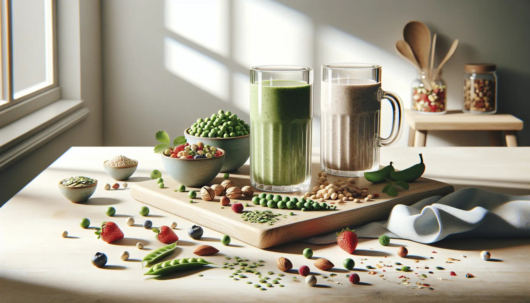pflanzliche proteinshakes in keramikglaesern mit erbsen nuesse samen und frischen beeren auf hellem holztisch