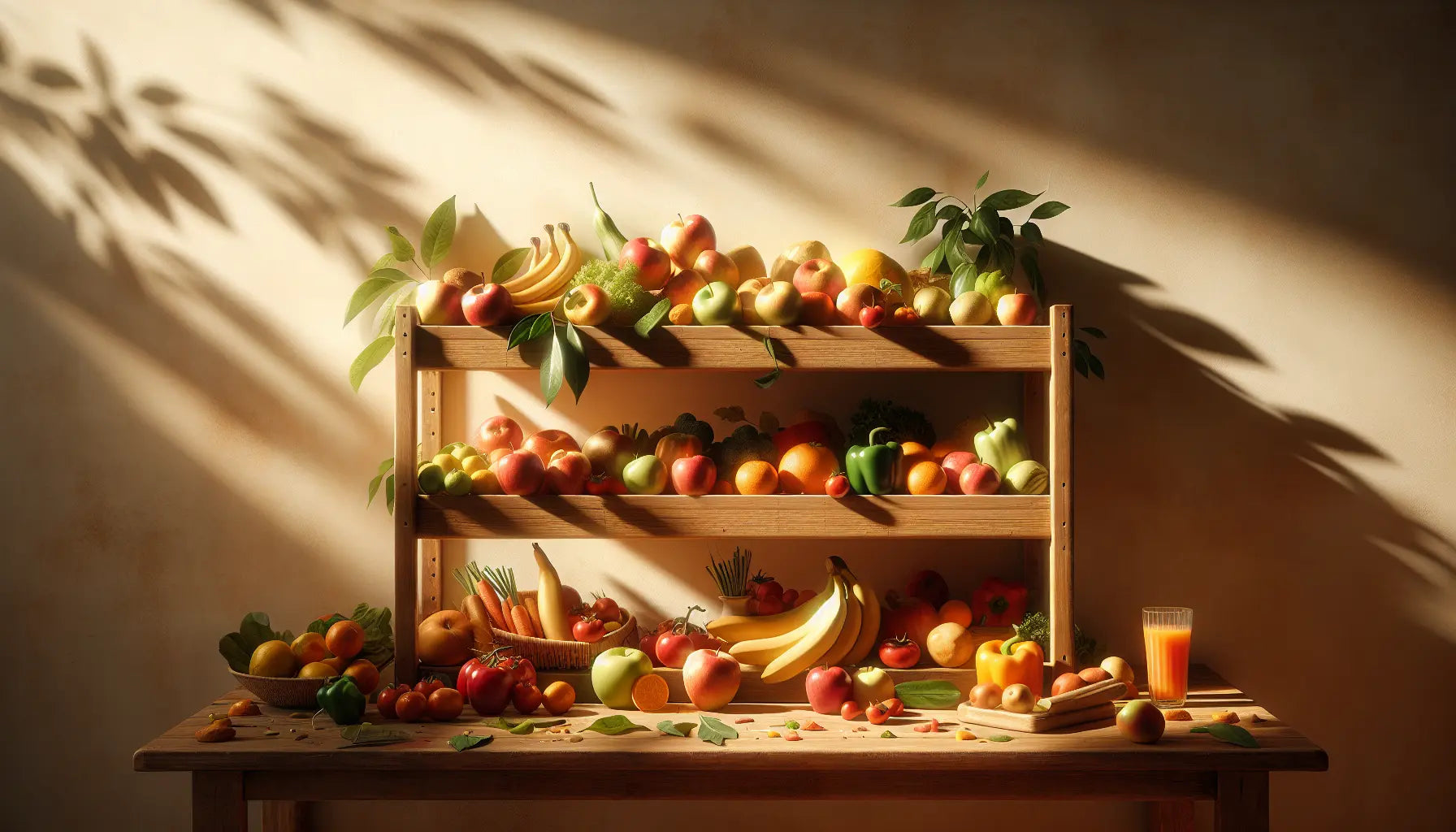 prall gefuellt obst und gemuese regal mit frischen bunten fruechten gemuese in hellem holzregal sonnenlicht