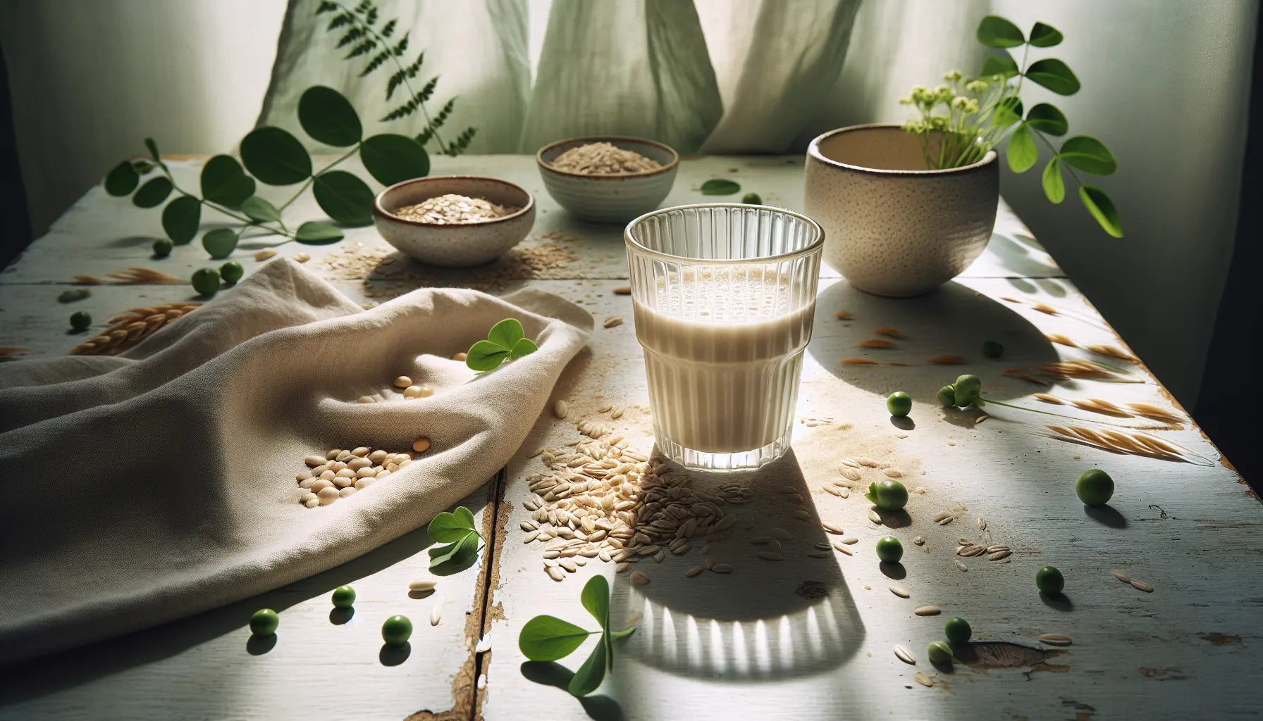 Glas Proteinshake mit pflanzlichem Pulver Erbsen Reis Sonnenblumenkernen auf hellem Holztisch mit grünen Pflanzenblättern naturfarben umrundet