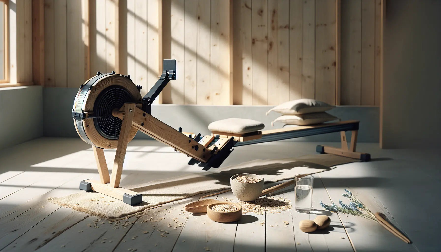 rudergeraet aus holz und metall in hellem fitnessraum auf rustikaler holzflaeche mit sonnenlicht und leicht unscharfem hintergrund ohne menschen
