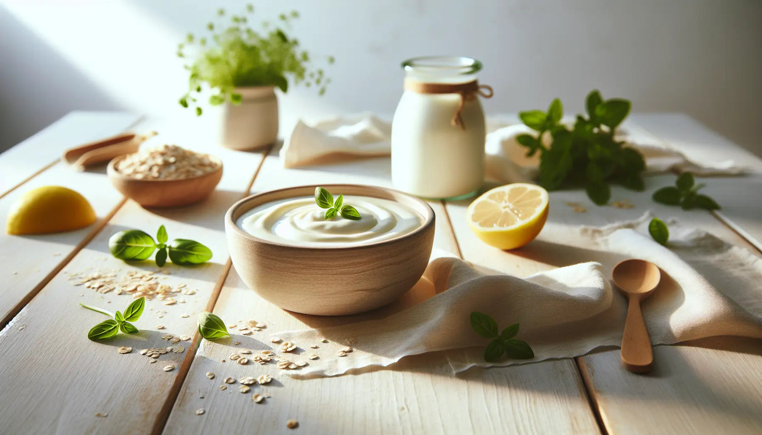 cremige schale mit sojaquark auf hellem rustikalem holztisch umgeben von frischen kraeutern zitronenstuecken und beeren