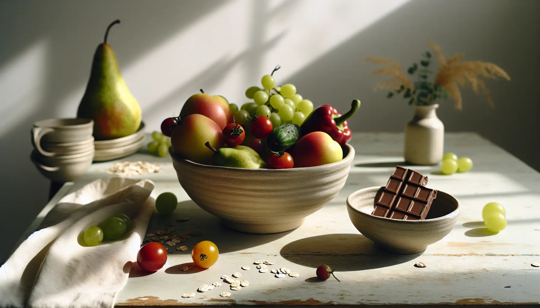 Schüssel frisches buntes Gemüse Obst vegane Schokoriegel auf hellem rustikalen Holztisch symbol vegane achtzig zwanzig regel
